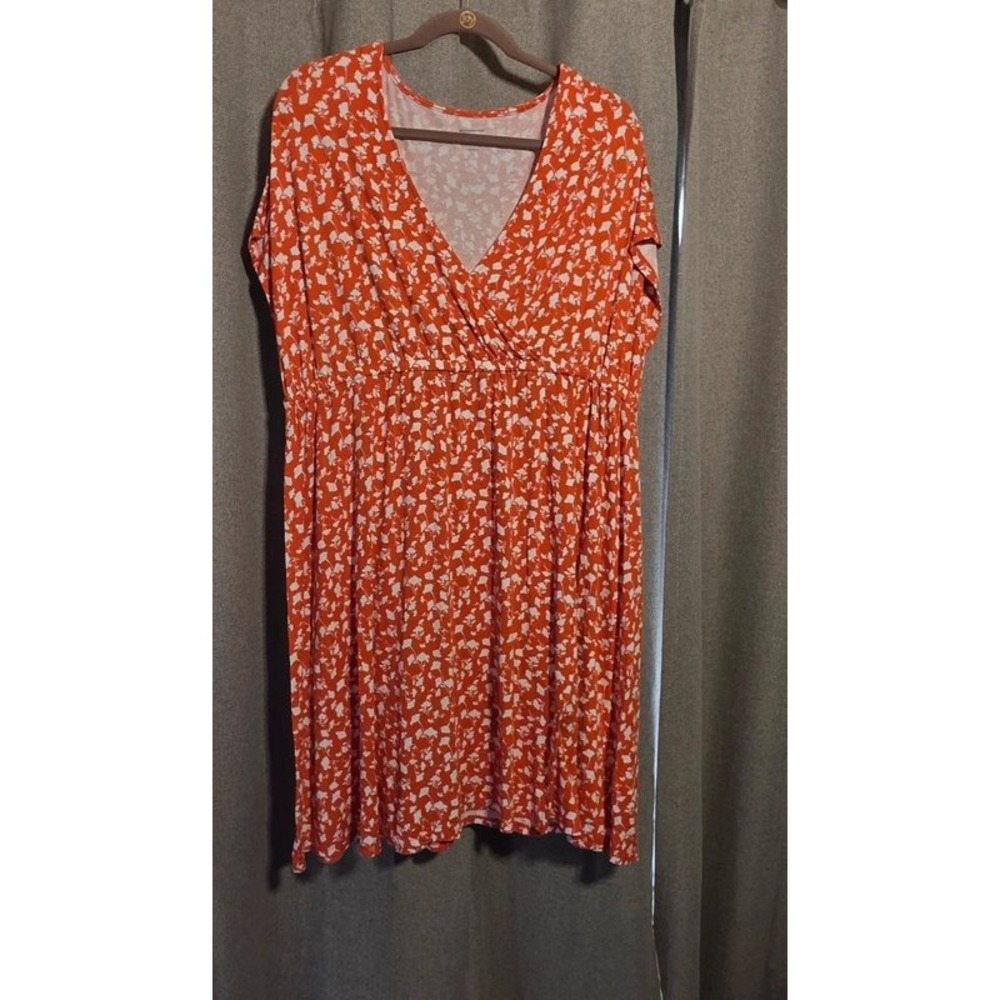 Amazon Essentials Women XXL Orange Floral Faux Wrap Summer Knee Length Dress